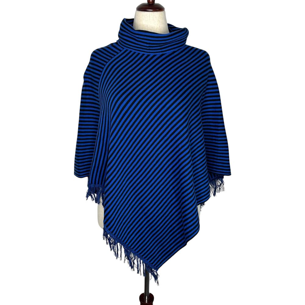 Planet by Lauren G Womens Poncho OS Blue Black Striped Asymmetric Fringe Cotton